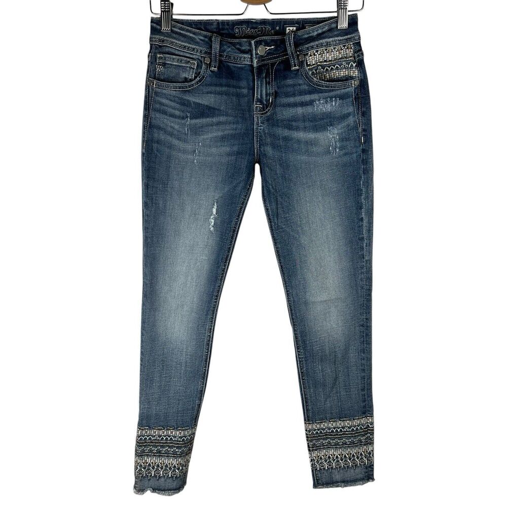 Miss Me Womens 26 x 27 Jeans Pants Denim Mid Rise Ankle Skinny Stitched Floral